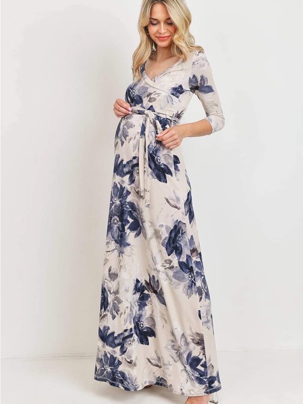 Hello MIZ Cream Maxi Maternity Dress with Navy Floral Print
